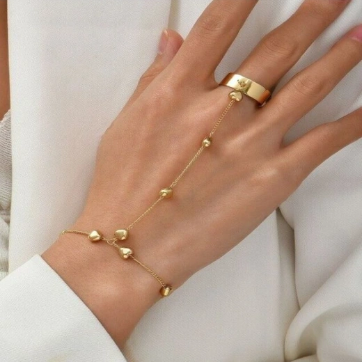 Gold Heart Ring Bridal Hand Bracelet